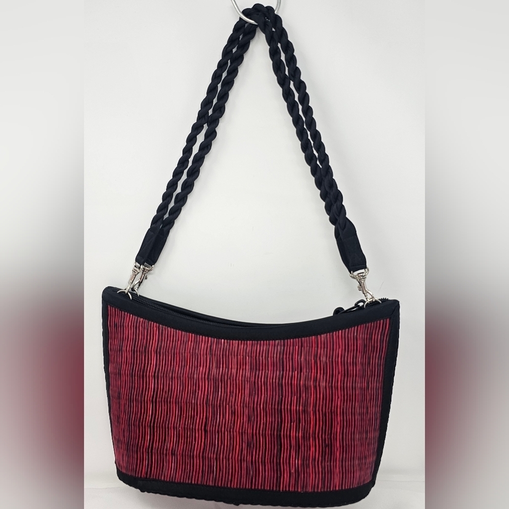 Baskets of Cambodia Red  Black Rattan Shoulder Basket Purse Twist Double Handles